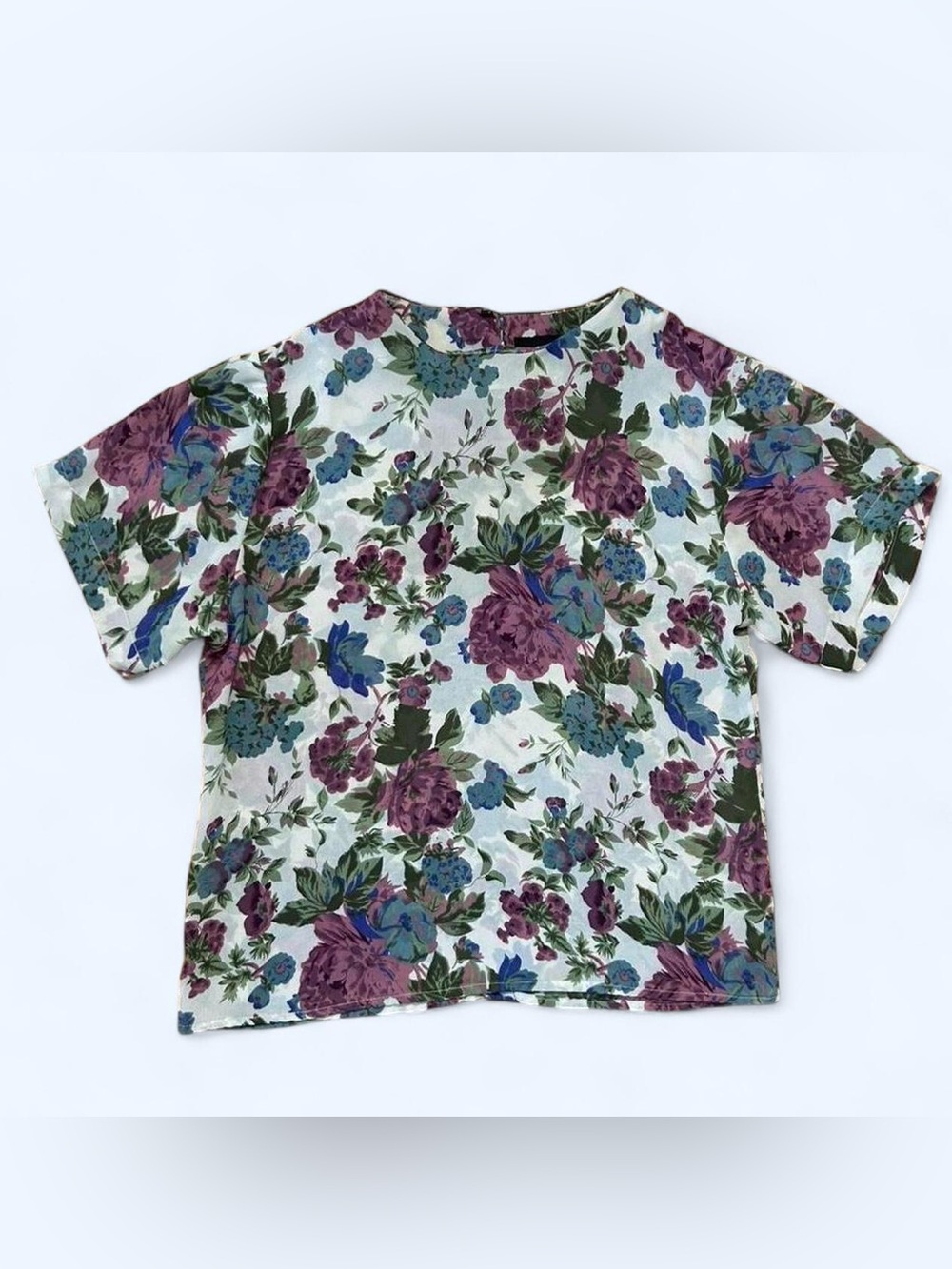 Vintage Floral Short Sleeve Blouse in Purple & Blue